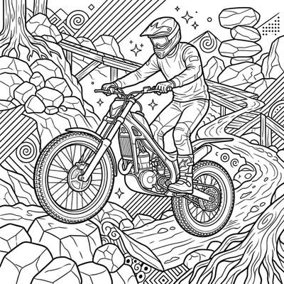 Dive into an exciting world of off-road adventure with this detailed trial motorcycle coloring page designed specifically for teens. This dynamic scene invites you to bring an intrepid rider navigating a challenging rocky course to vivid life.