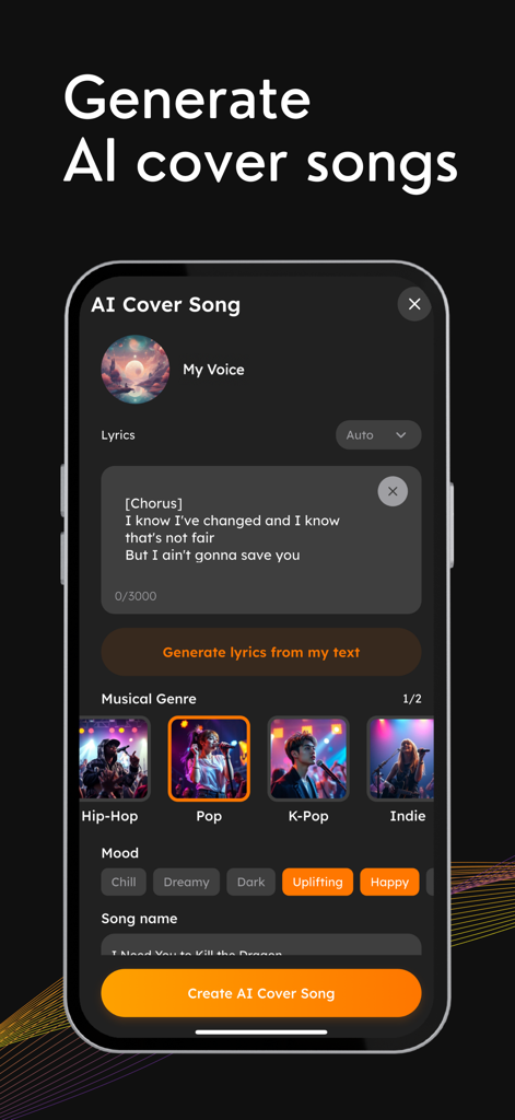 Soundify - AI Song Maker - Soundify app screen for creating AI cover songs with music genre and mood selection
