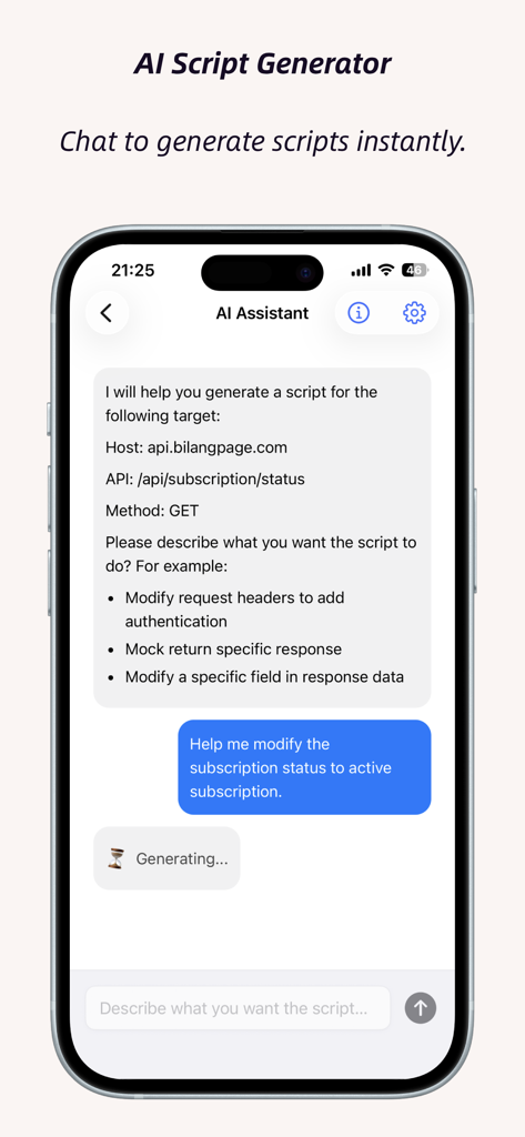 ApiCatcher - Capture HTTPS - ApiCatcher AI Assistant chat interface showing the generation of an API debugging script