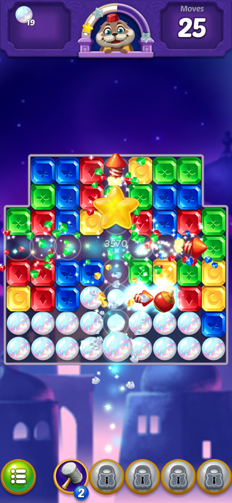 Jugabilidad de Jewel Pop Treasure Island con un tablero de puzle de joyas de colores con potenciadores y la mascota nutria marina