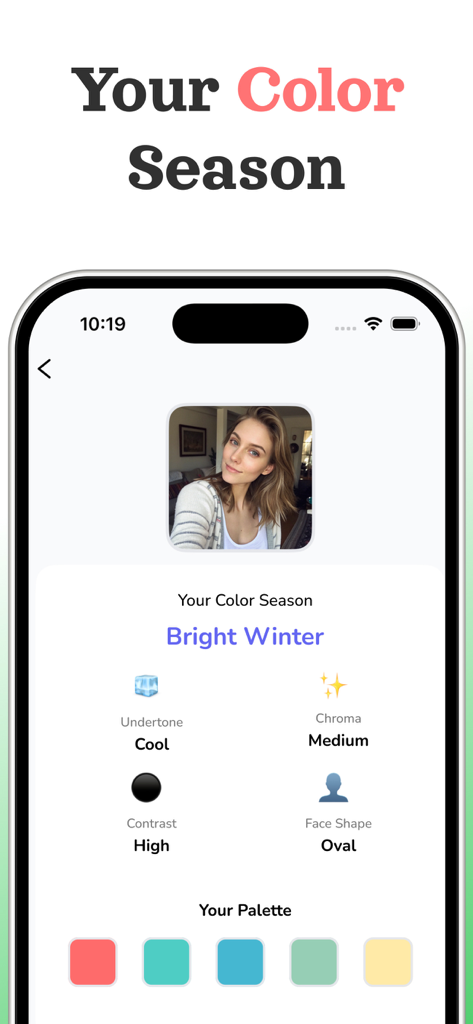 Color Analysis AI & Palette - Smartphone screen displaying Bright Winter color analysis results and personal color palette