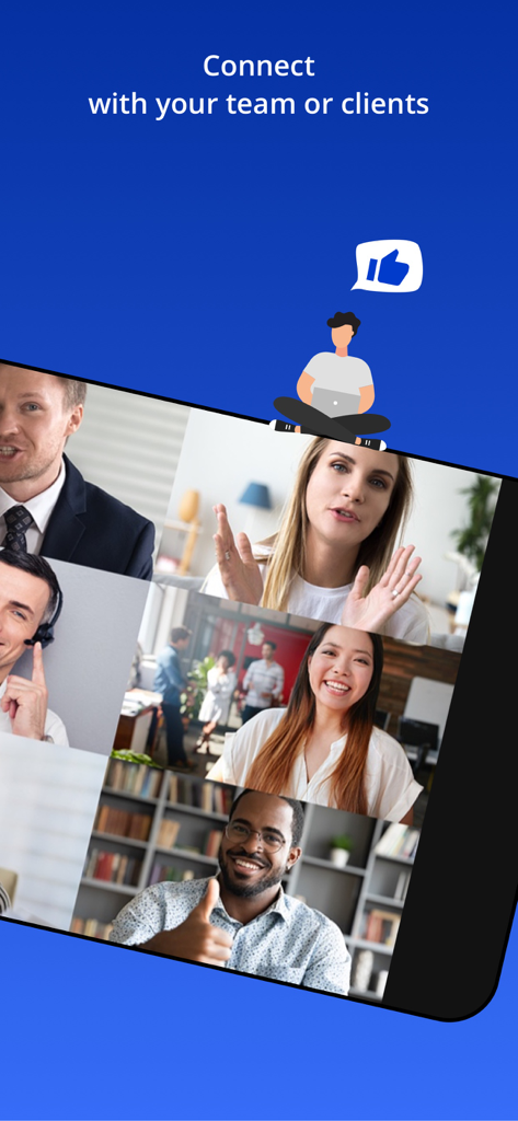 Interface of the Eyeson mobile app showing multiple people in a video conference with the text connect with your team or clients