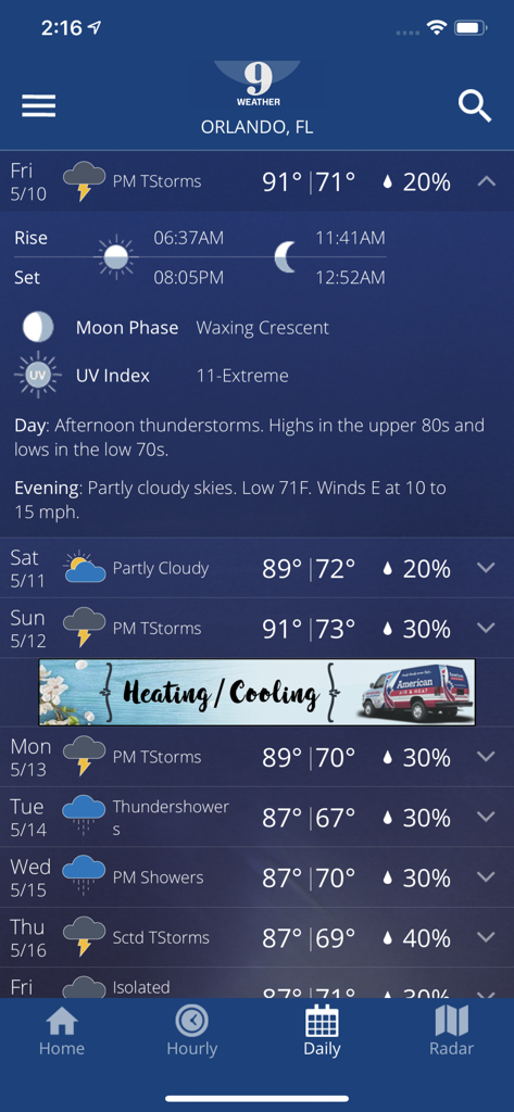 Pantalla de la aplicación WFTV Channel 9 Weather mostrando el pronóstico diario para Orlando Florida