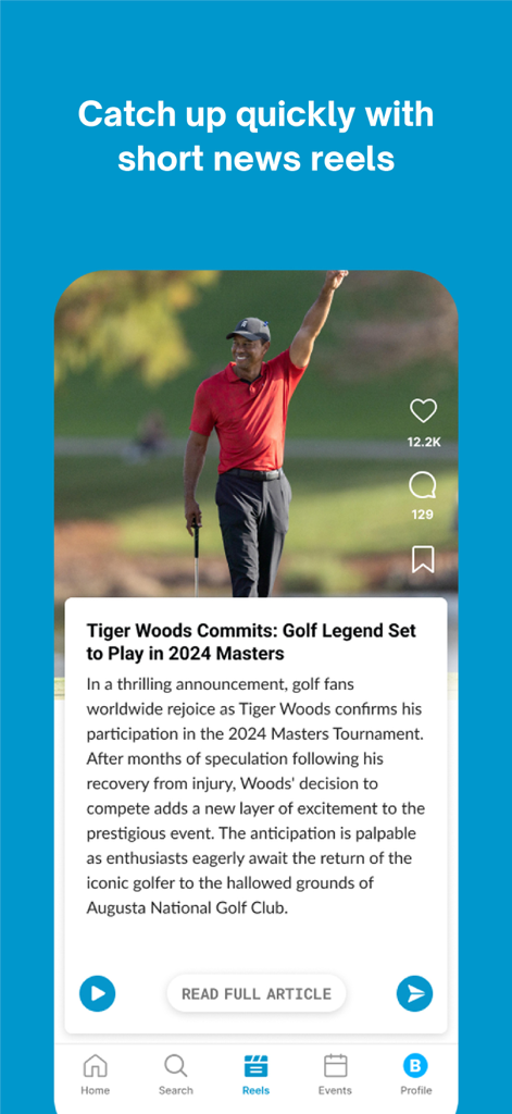 Interface do aplicativo Philstar mostrando um rolo de notícias sobre Tiger Woods e o torneio Masters de 2024.