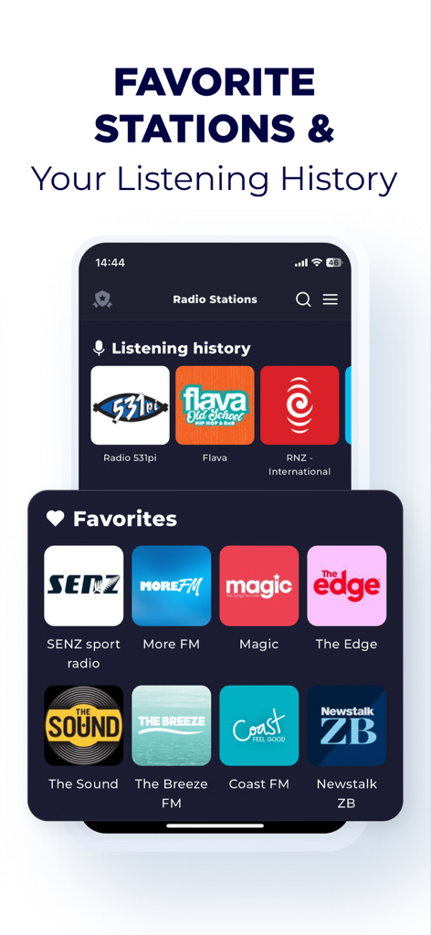 Radio New Zealand: FM & Online - Uma interface de aplicativo móvel exibindo uma lista de estações de rádio favoritas da Nova Zelândia e uma seção para histórico de audição reproduzido recentemente.