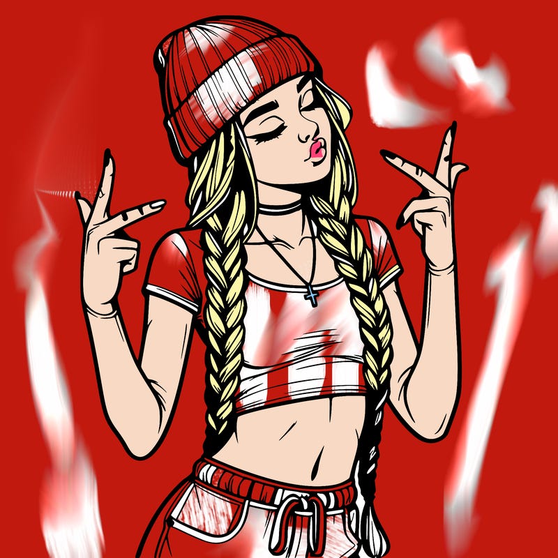 realistic teenage girl with braids and a beanie and crop top doing 🫶🏼