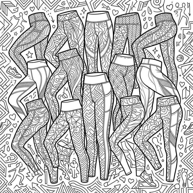 Discover a dynamic collection of athletic leggings and tights, each adorned with unique and intricate patterns, ready for your creative touch. This engaging coloring page offers a stylish escape into the world of active wear fashion.