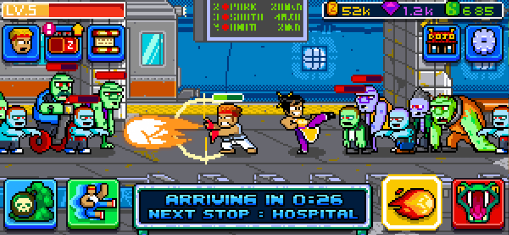 Kung Fu Zombie - Retro pixel art gameplay showing a martial arts hero fighting a zombie horde in a subway station