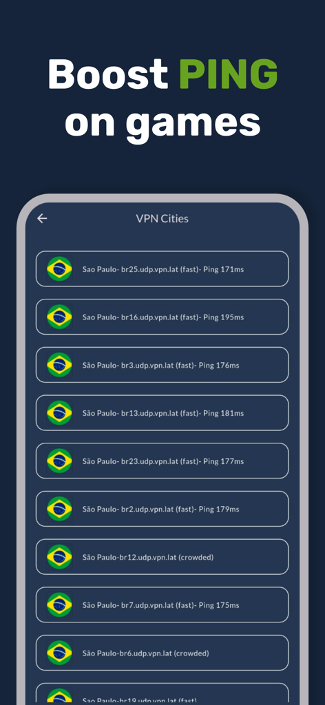 Lista de servidores VPN.lat mostrando tempos de ping para jogos móveis no Brasil