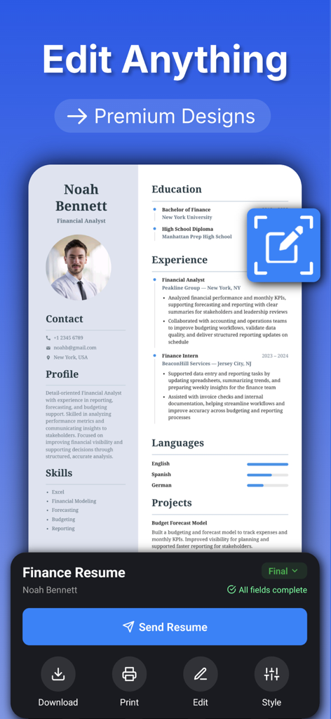 A mobile app screen showing a professional resume editor with options to customize and send a CV