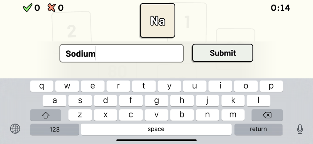 Periodic Table Quiz - Text input quiz screen in the Periodic Table Quiz app showing a prompt for the element Sodium.