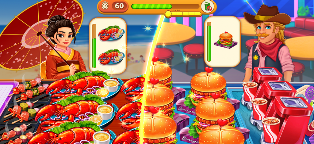 Cooking Max - Restaurant Games - Split screen gameplay of Cooking Max showing lobster and burger dishes with different characters