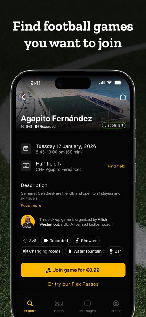CeleBreak app screen displaying details for a soccer match and a join button