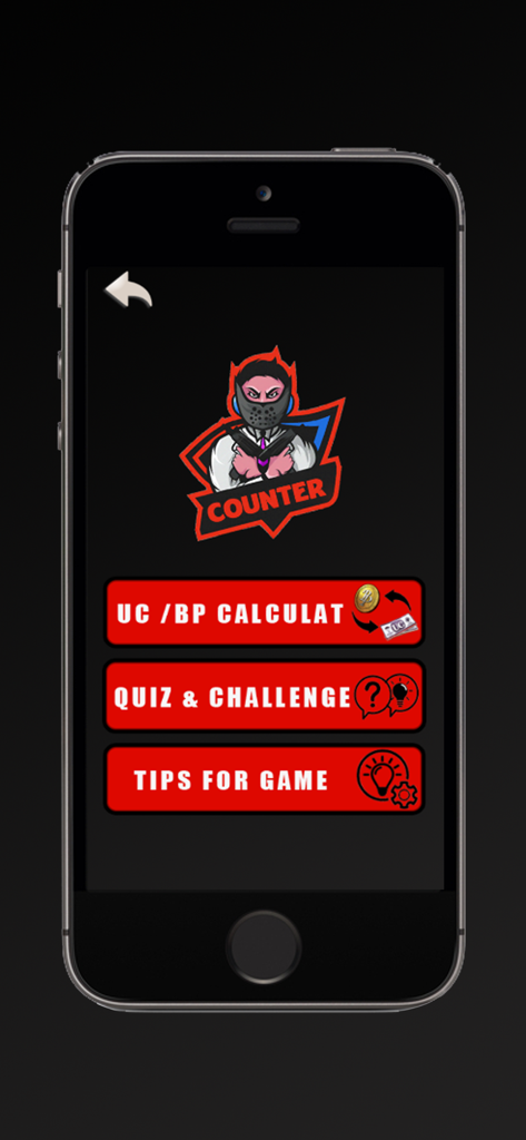 Main menu of the Counter UC and BP app for PUBG showing calculator quiz and tips buttons