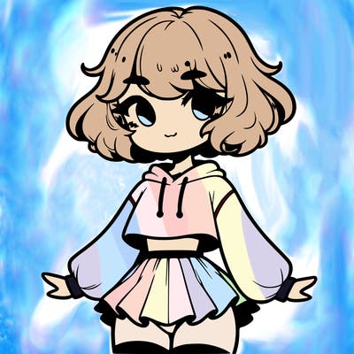 cute femboy with short, fluffy hair that softly frames their face, wearing a cropped hoodie, paired with a flouncy short skirt, and thigh-high stockings