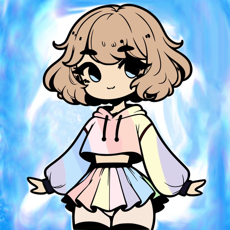 cute femboy with short, fluffy hair that softly frames their face, wearing a cropped hoodie, paired with a flouncy short skirt, and thigh-high stockings