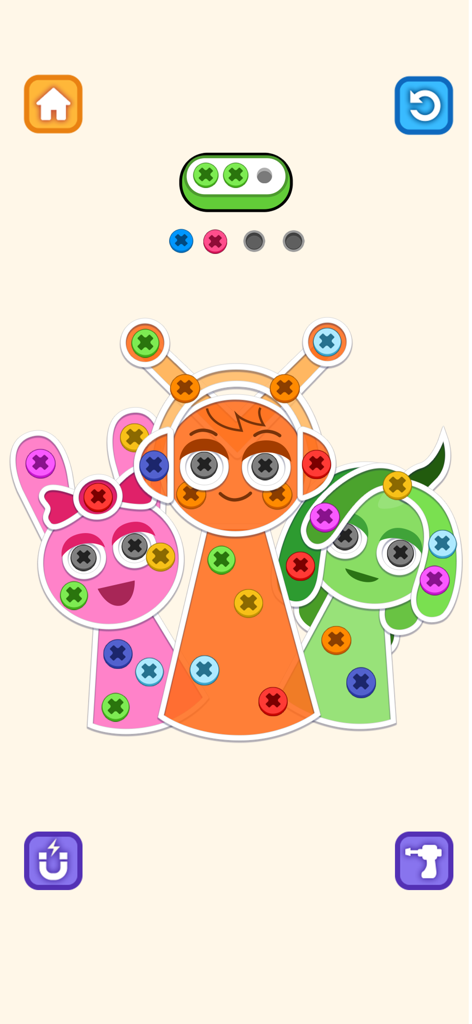 A colorful screw and pin puzzle mini-game featuring three stylized cartoon characters.