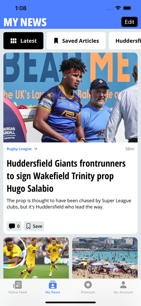 Yorkshire Live - Yorkshire Live app My News feed showing local sports and lifestyle articles