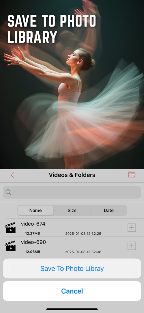 Video Saver & Player - Interface of the Video Saver and Player app showing the feature to save videos to the device photo library