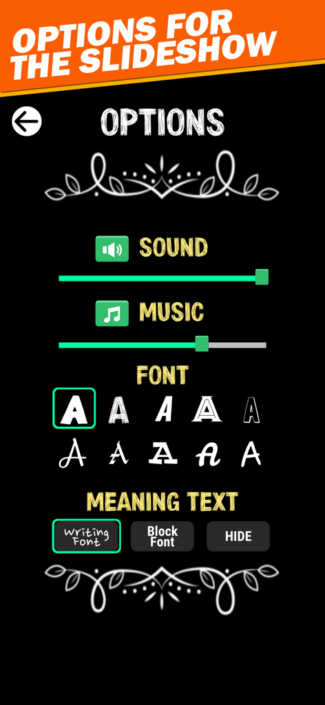 Menu des options de diaporama avec sélection de musique, de son et de paramètres de texte de signification