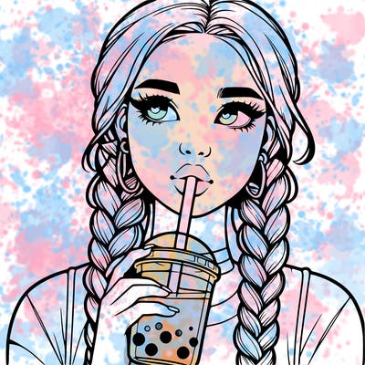 realistic girl with braided hair drinking boba