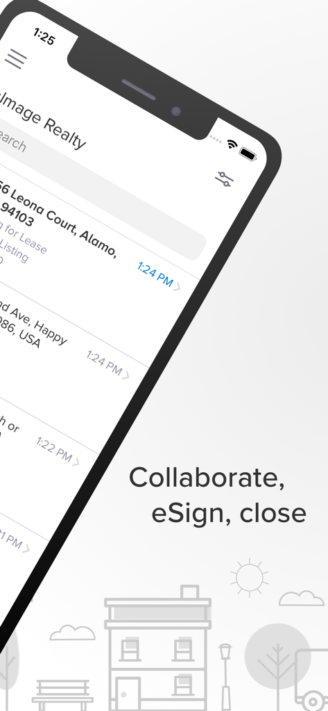dotloop - dotloop mobile App-Oberfläche mit Immobilien­angeboten und dem Text Collaborate eSign close