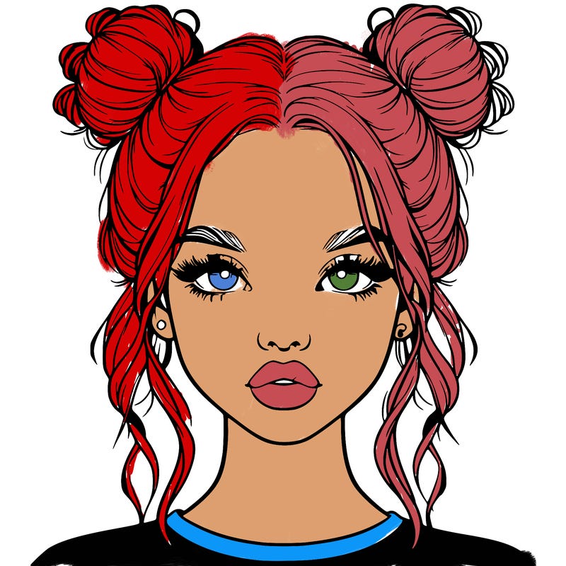 realistic girl with two buns in hair and lips