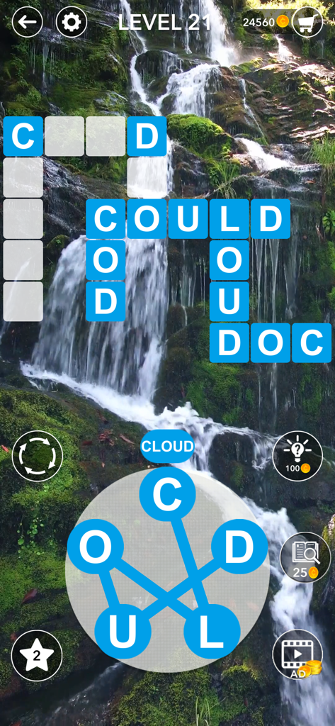 Crossword Puzzles for Seniors・ - Senior crossword puzzle gameplay with a scenic waterfall background and word wheel.