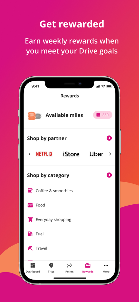 Vitality Drive International - Vitality Drive app rewards screen showing available miles and shopping categories like fuel and food.