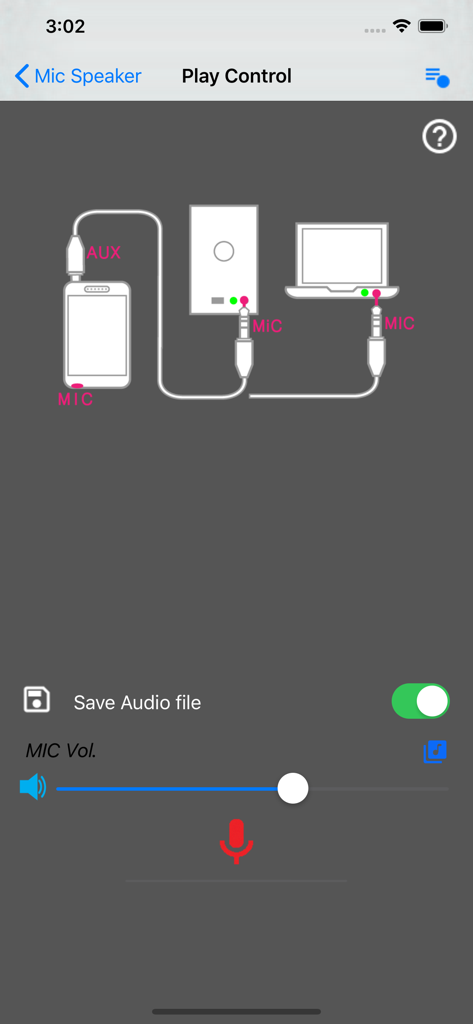 Mic Speaker - Connection diagram in Mic Speaker app showing audio routing from a smartphone to an external speaker and laptop