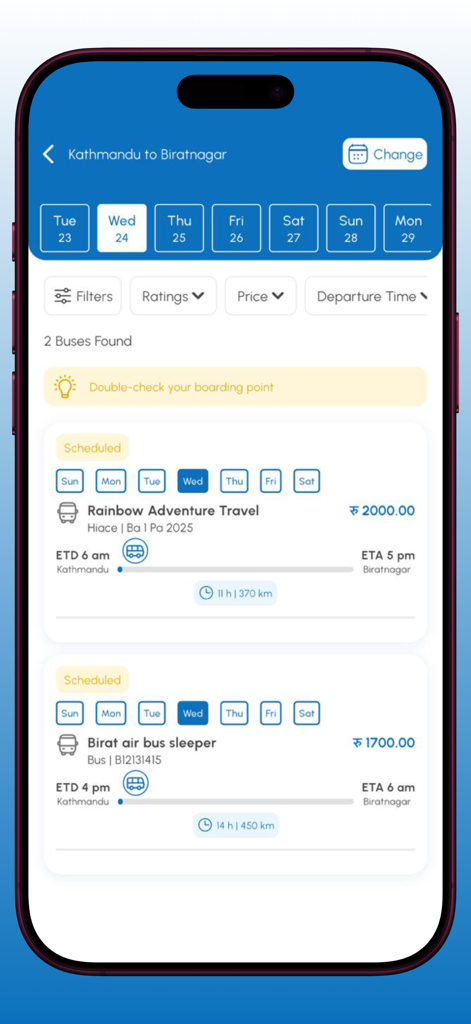Mero Seat - Mero Seat mobile app showing bus and hiace booking options for the Kathmandu to Biratnagar route.