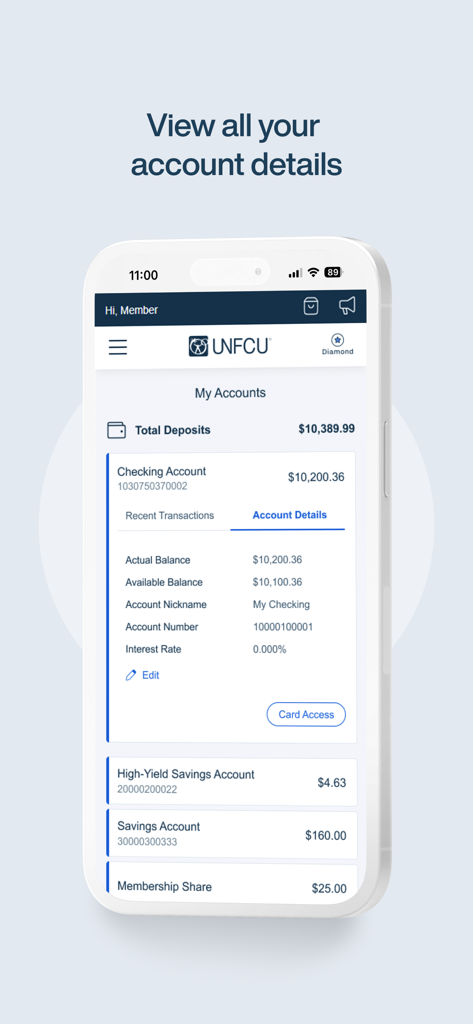 Mobile screen of the UNFCU Digital Banking app displaying an overview of accounts including checking and high yield savings balances.