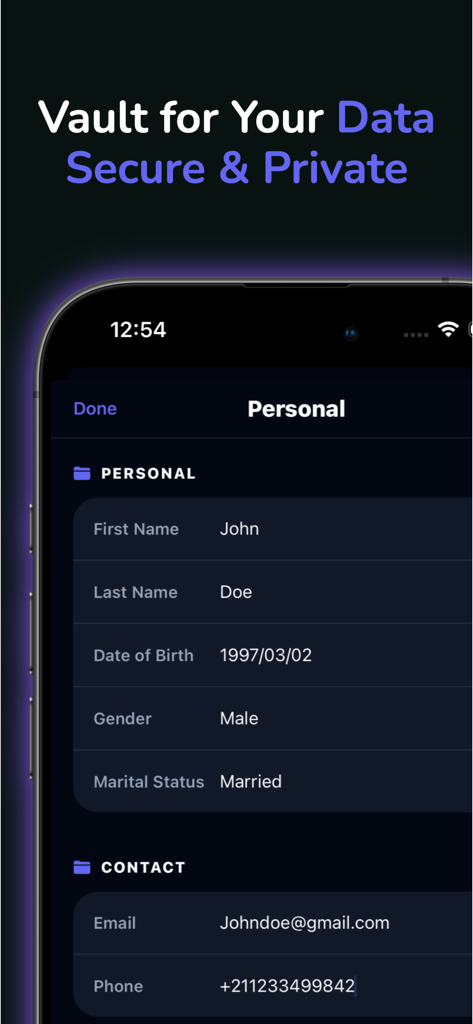 Filler AIアプリの安全な個人データボールト。連絡先情報やプロファイル情報が表示されています。