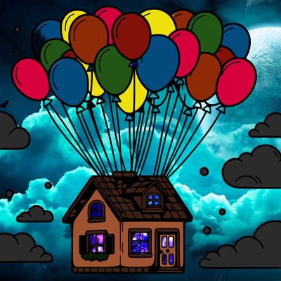 house floating from lots of balloons