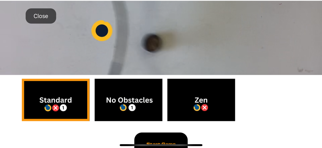 A menu showing hockey training drill modes like Standard No Obstacles and Zen