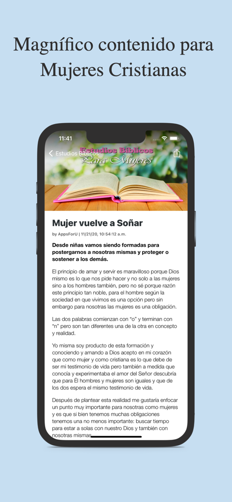 Devocionales para Mujeres - Screenshot of the Devocionales para Mujeres app showing a Bible study article for Christian women