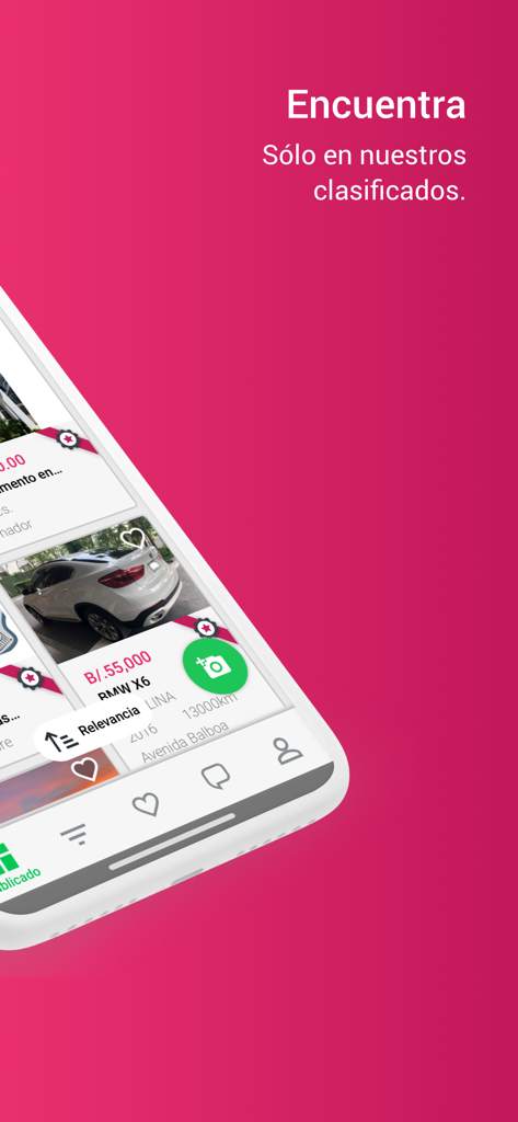 Encuentra24.com - Encuentra24 모바일 앱 인터페이스, 핑크 배경에 자동차 및 부동산 광고 목록 표시