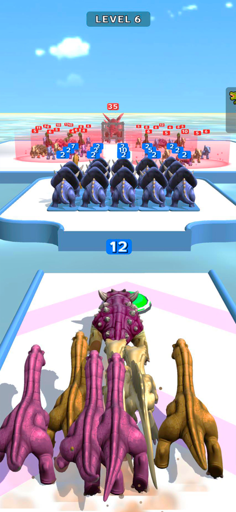 Dino Run: Dinosaur Runner Game - Um grupo de dinossauros correndo por portões numéricos em um ambiente de mundo pré-histórico.