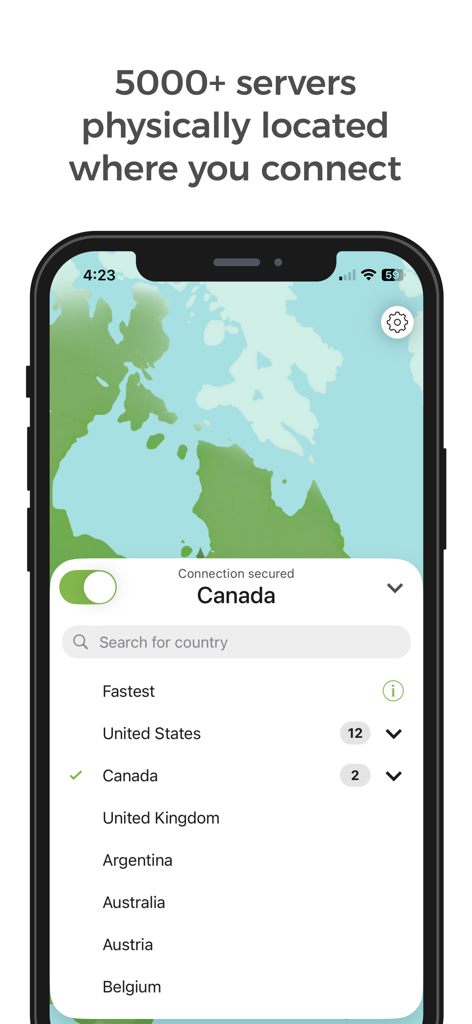 Interface de l'application mobile TunnelBear avec liste et carte des serveurs VPN mondiaux.