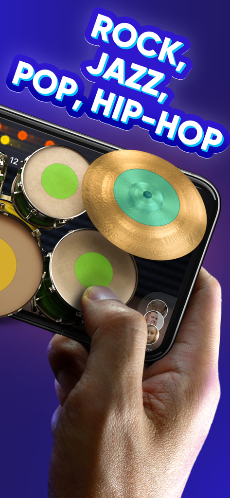 A hand playing the WeDrum mobile app showing a 3D drum kit with rock jazz and hip hop text