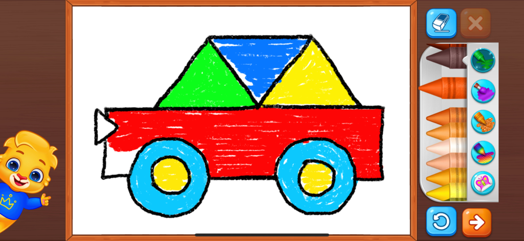Interface do aplicativo de desenho infantil mostrando um carro colorido feito de formas geométricas