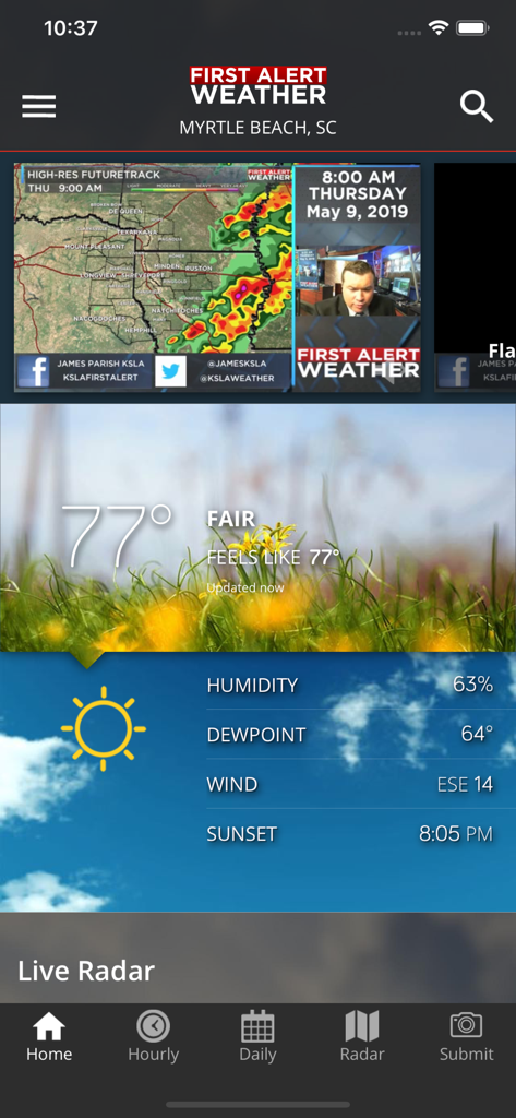 KSLA 12 First Alert Weather app interface displaying current temperature and local radar