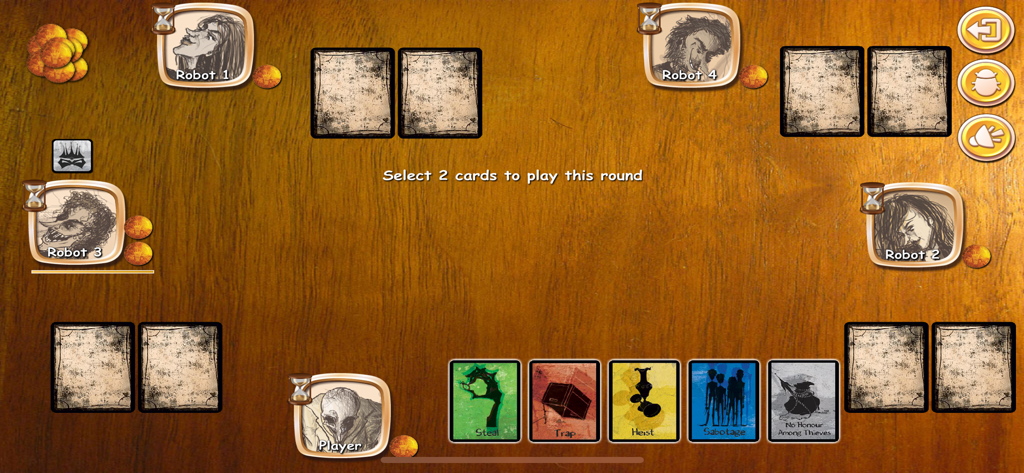 Among Thieves - Gameplay screen of Among Thieves showing a match against robots where the player must select two strategy cards from their hand