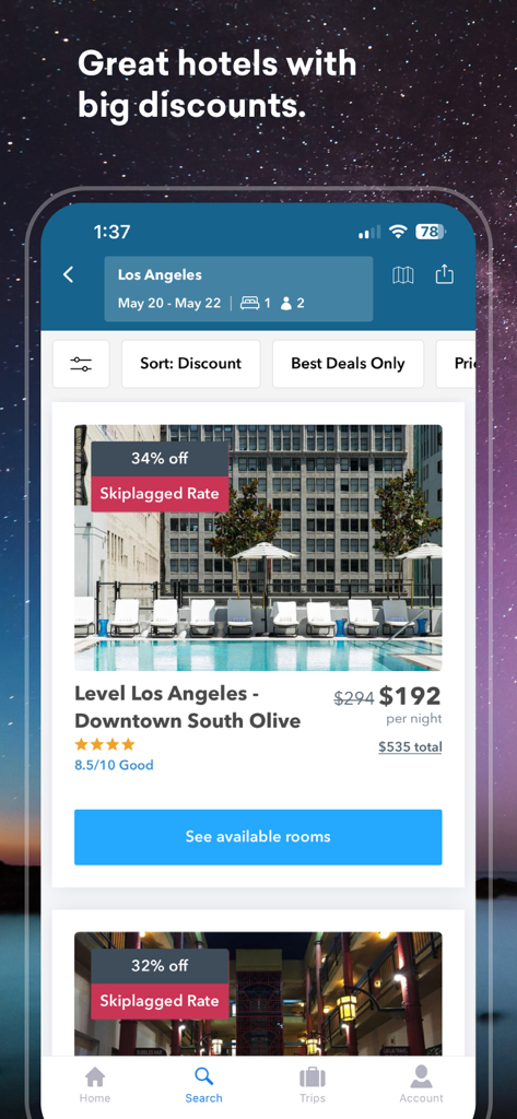 Skiplagged mobile app interface showing a 34 percent discount on a hotel in Los Angeles.