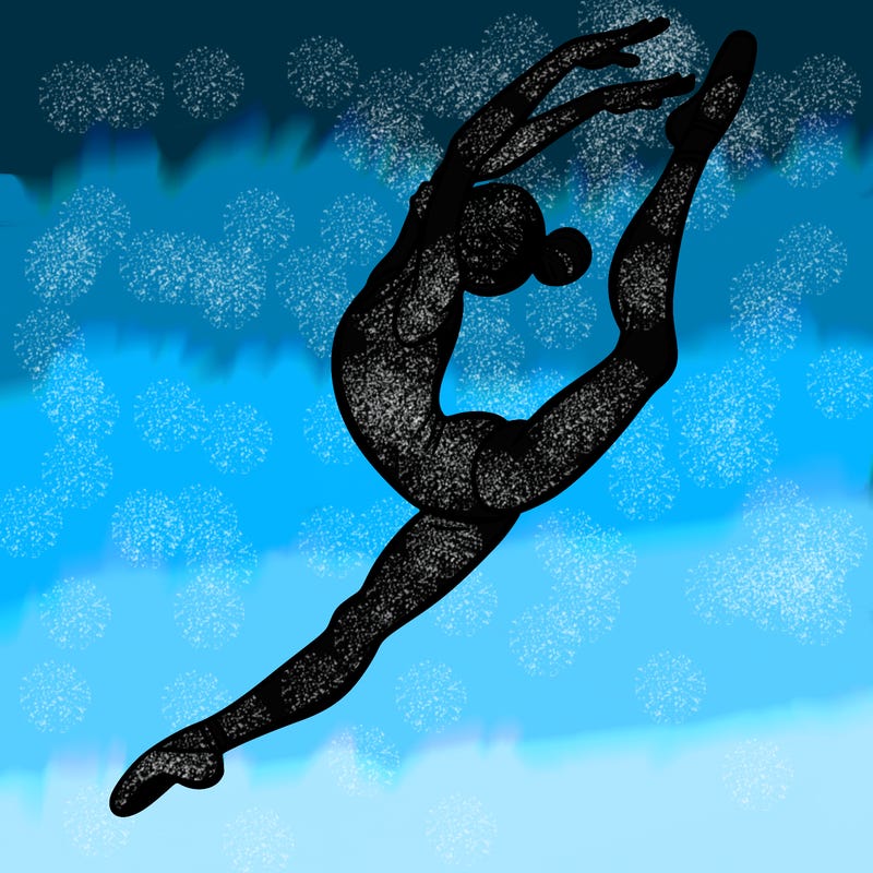 gymnast doing a leap in a leotard with a bent back leg