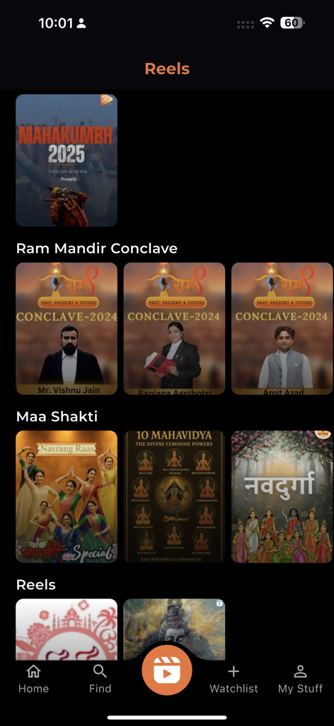 Interfaz de la aplicación OM TV que muestra carretes de contenido espiritual y categorías de video religiosas