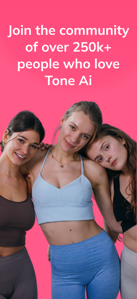 Three young women in athletic wear posing together for the Tone AI fitness community
