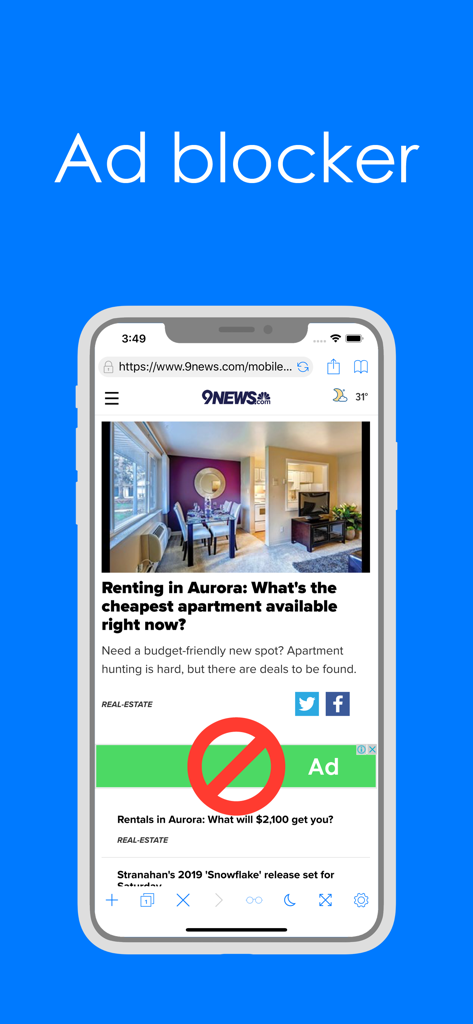 Pure Web Browser - Pure Web Browser displaying its ad blocking feature on a mobile device