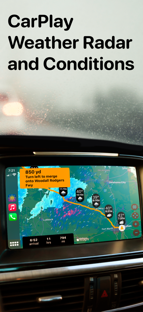 Weather on the Way - Pantalla de Apple CarPlay que muestra el radar meteorológico y las condiciones de la ruta de navegación