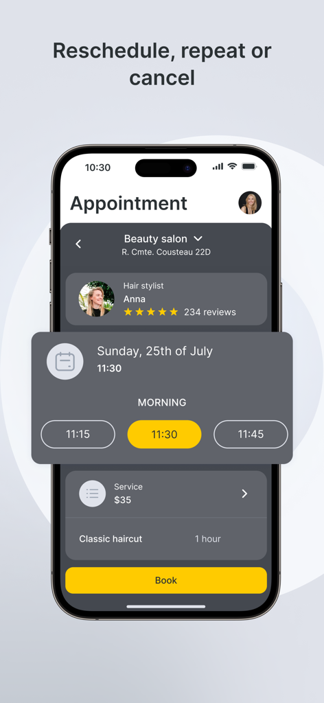 Altegio App-Oberfläche zum Verschieben eines Friseurtermins mit Auswahl von Zeitfenstern